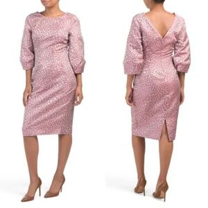 Alton Gray Pink Metallic Shimmer Animal Print 3/4 Sleeve Midi Sheath Dress Sz 8